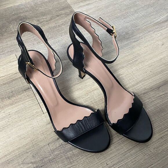 CHLOE | Black Leather Scalloped Edge Lauren Mid-Heel Ankle Wrap Pumps Size 38 - Picture 2 of 11